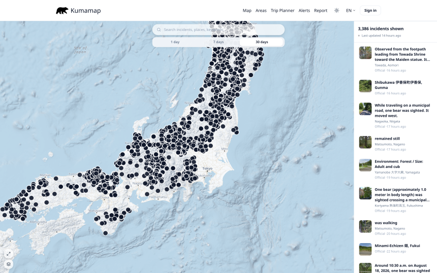 Kumamap is a Japan-wide database aggregating bear sightings.