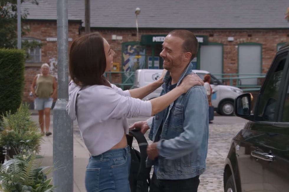 Coronation Street, Shona and David Platt coronation street, shona and david platt smiling in the cobbles as he gets out of a taxi