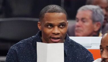 Apr 7, 2026; San Francisco, California, USA;  Sacramento Kings forward-guard De'Andre Hunter (15), guard Russell Westbrook (18), and guard-forward DeMar DeRozan (10), wearing an Azzi Fudd t-shirt, watch the action against the Golden State Warriors in the second quarter at Chase Center. Mandatory Credit: David Gonzales-Imagn Images