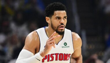 May 9, 2026; Cleveland, Ohio, USA; Detroit Pistons forward Tobias Harris (12) celebrates after hitting a three point basket against the Cleveland Cavaliers during the second half of game three in the second round of the 2026 NBA Playoffs at Rocket Arena. Mandatory Credit: Ken Blaze-Imagn Images