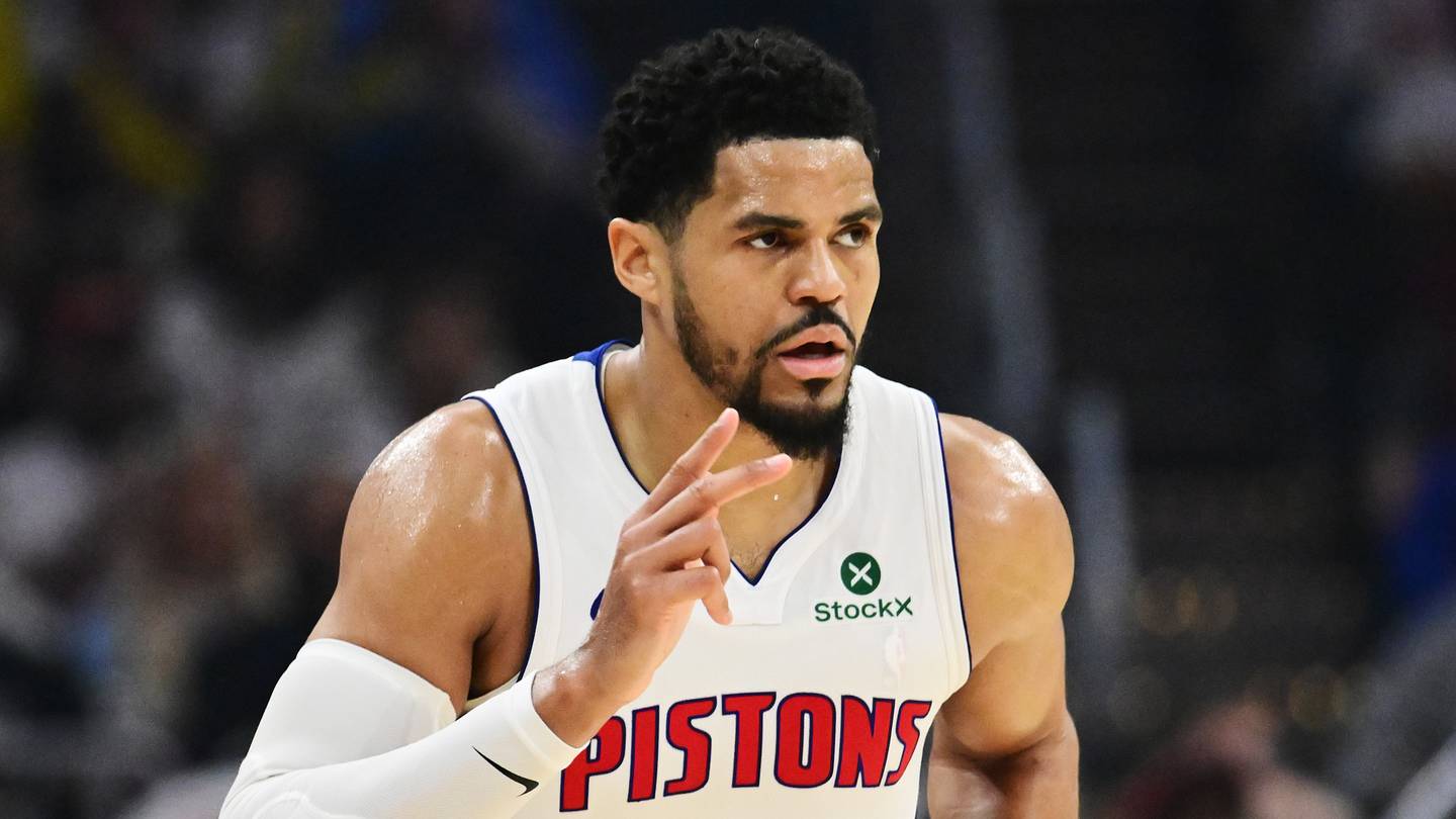 May 9, 2026; Cleveland, Ohio, USA; Detroit Pistons forward Tobias Harris (12) celebrates after hitting a three point basket against the Cleveland Cavaliers during the second half of game three in the second round of the 2026 NBA Playoffs at Rocket Arena. Mandatory Credit: Ken Blaze-Imagn Images