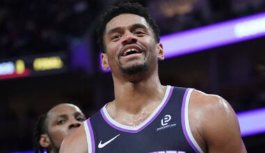 Apr 7, 2026; San Francisco, California, USA;  Sacramento Kings center Dylan Cardwell (32) smiles after getting called for a foul against the Golden State Warriors in the fourth quarter at Chase Center. Mandatory Credit: David Gonzales-Imagn Images
