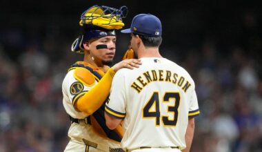 Sep 9, 2026; Milwaukee, Wisconsin, USA;  Milwaukee Brewers catcher William Contreras (24) talks with pitcher Logan Henderson (43) during the fourth inning against the Chicago Cubs at American Family Field. Mandatory Credit: Jeff Hanisch-Imagn Images