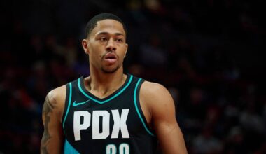 Apr 12, 2026; Portland, Oregon, USA; Portland Trail Blazers guard Jayson Kent (29) waits for an inbound pass during a break in the game during the second half against the Sacramento Kings at Moda Center. Mandatory Credit: Troy Wayrynen-Imagn Images