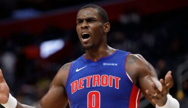 Dec 16, 2024; Detroit, Michigan, USA;  Detroit Pistons center Jalen Duren (0) reacts in the first half against the Miami Heat at Little Caesars Arena. Mandatory Credit: Rick Osentoski-Imagn Images