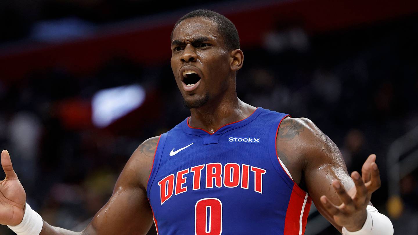 Dec 16, 2024; Detroit, Michigan, USA;  Detroit Pistons center Jalen Duren (0) reacts in the first half against the Miami Heat at Little Caesars Arena. Mandatory Credit: Rick Osentoski-Imagn Images