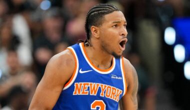 Jun 5, 2026; San Antonio, Texas, USA; New York Knicks guard Miles McBride (2) celebrates during the fourth quarter during game two of the 2026 NBA Finals at Frost Bank Center. Mandatory Credit: Scott Wachter-Imagn Images