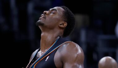 Mar 25, 2026; Detroit, Michigan, USA;  Detroit Pistons center Jalen Duren (0) reacts after the game against the Atlanta Hawks at Little Caesars Arena. Mandatory Credit: Rick Osentoski-Imagn Images