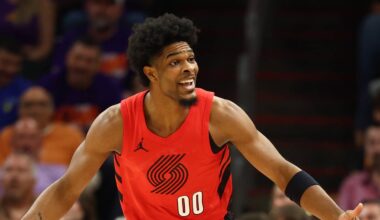 Apr 14, 2026; Phoenix, Arizona, USA; Portland Trail Blazers guard Scoot Henderson (00) reacts against the Phoenix Suns in the first half during the play-in rounds of the 2026 NBA Playoffs at Mortgage Matchup Center. Mandatory Credit: Mark J. Rebilas-Imagn Images