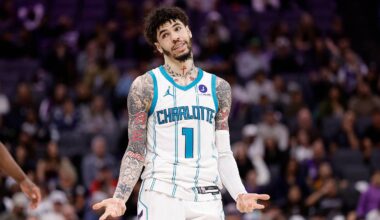 Mar 11, 2026; Sacramento, California, USA; Charlotte Hornets guard LaMelo Ball (1) gestures after scoring a three point basket against the Sacramento King during the fourth quarter at Golden 1 Center. Mandatory Credit: Kelley L Cox-Imagn Images