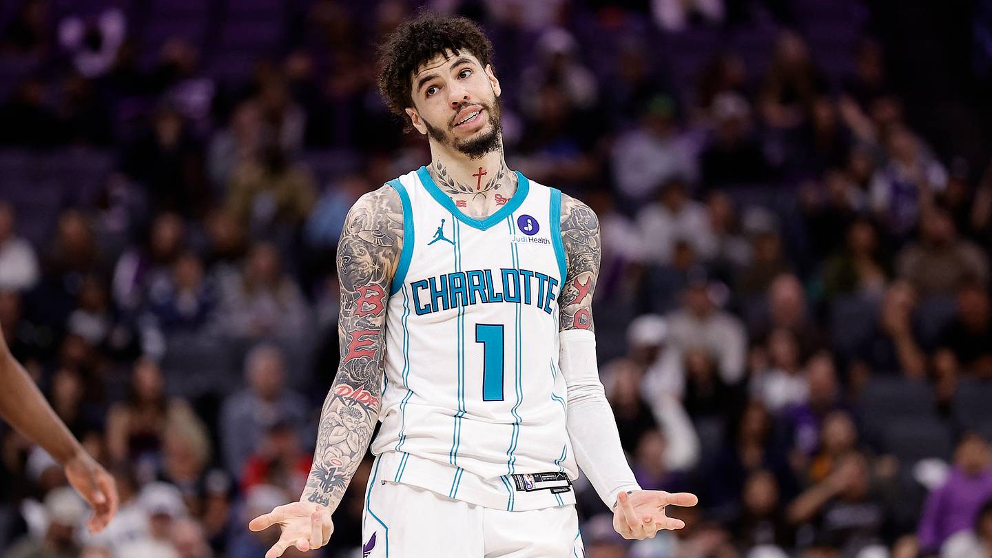 Mar 11, 2026; Sacramento, California, USA; Charlotte Hornets guard LaMelo Ball (1) gestures after scoring a three point basket against the Sacramento King during the fourth quarter at Golden 1 Center. Mandatory Credit: Kelley L Cox-Imagn Images