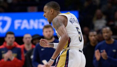 Jan 15, 2025; New Orleans, Louisiana, USA; New Orleans Pelicans guard Dejounte Murray (5) reacts after making a basket late in the fourth quarter against the Dallas Mavericks at Smoothie King Center. Mandatory Credit: Matthew Hinton-Imagn Images