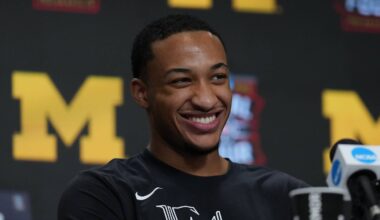 Apr 5, 2026; Indianapolis, IN, USA; Michigan Wolverines guard Nimari Burnett (4) during a press conference ahead of the Final Four of the men's 2026 NCAA Tournament at Lucas Oil Stadium. Mandatory Credit: Bob Donnan-Imagn Images