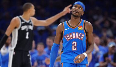 May 30, 2026; Oklahoma City, Oklahoma, USA; Oklahoma City Thunder guard Shai Gilgeous-Alexander (2) reacts in the second quarter against the San Antonio Spurs during game seven of the western conference finals for the 2026 NBA playoffs at Paycom Center. Mandatory Credit: Alonzo Adams-Imagn Images