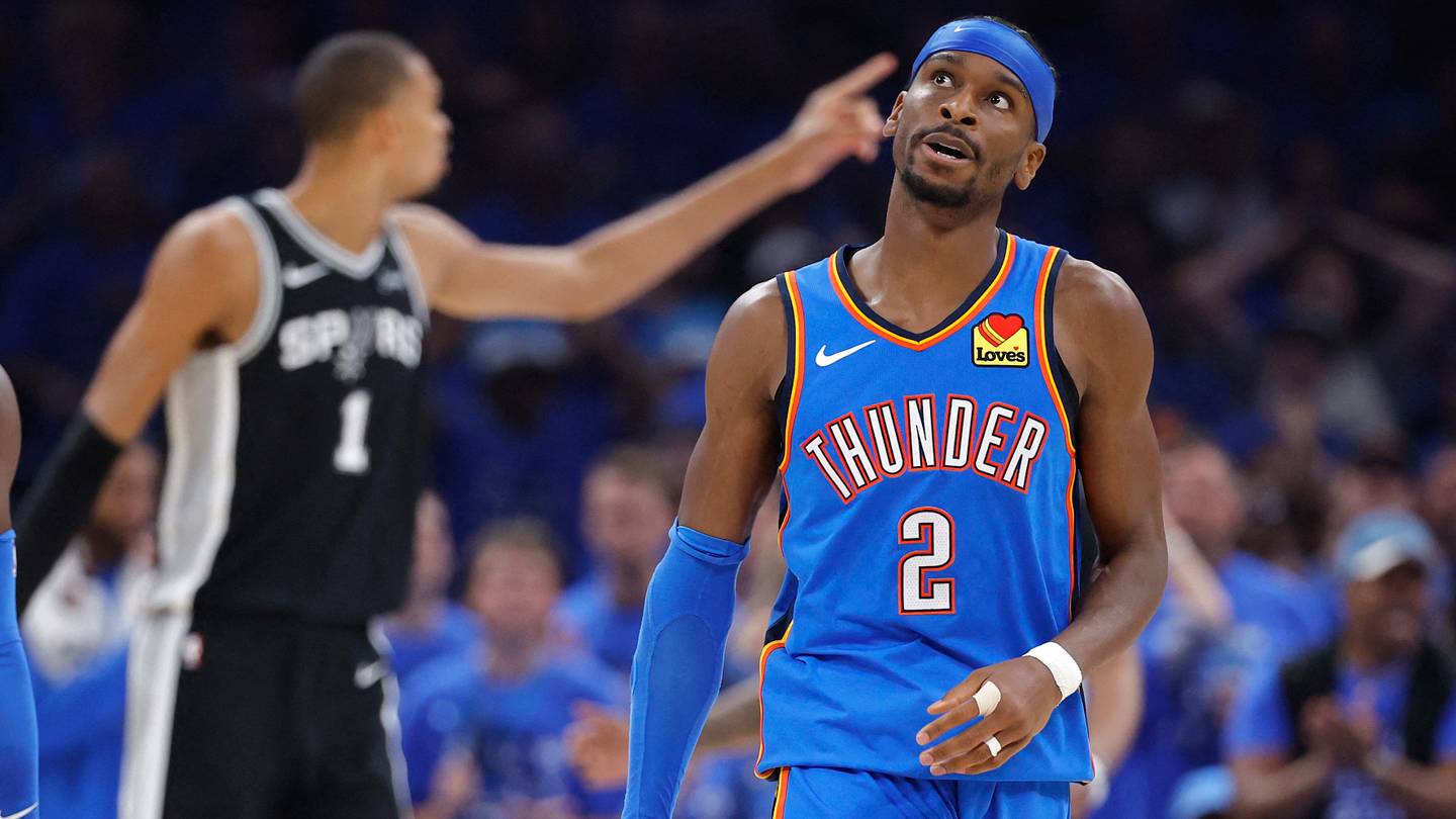 May 30, 2026; Oklahoma City, Oklahoma, USA; Oklahoma City Thunder guard Shai Gilgeous-Alexander (2) reacts in the second quarter against the San Antonio Spurs during game seven of the western conference finals for the 2026 NBA playoffs at Paycom Center. Mandatory Credit: Alonzo Adams-Imagn Images