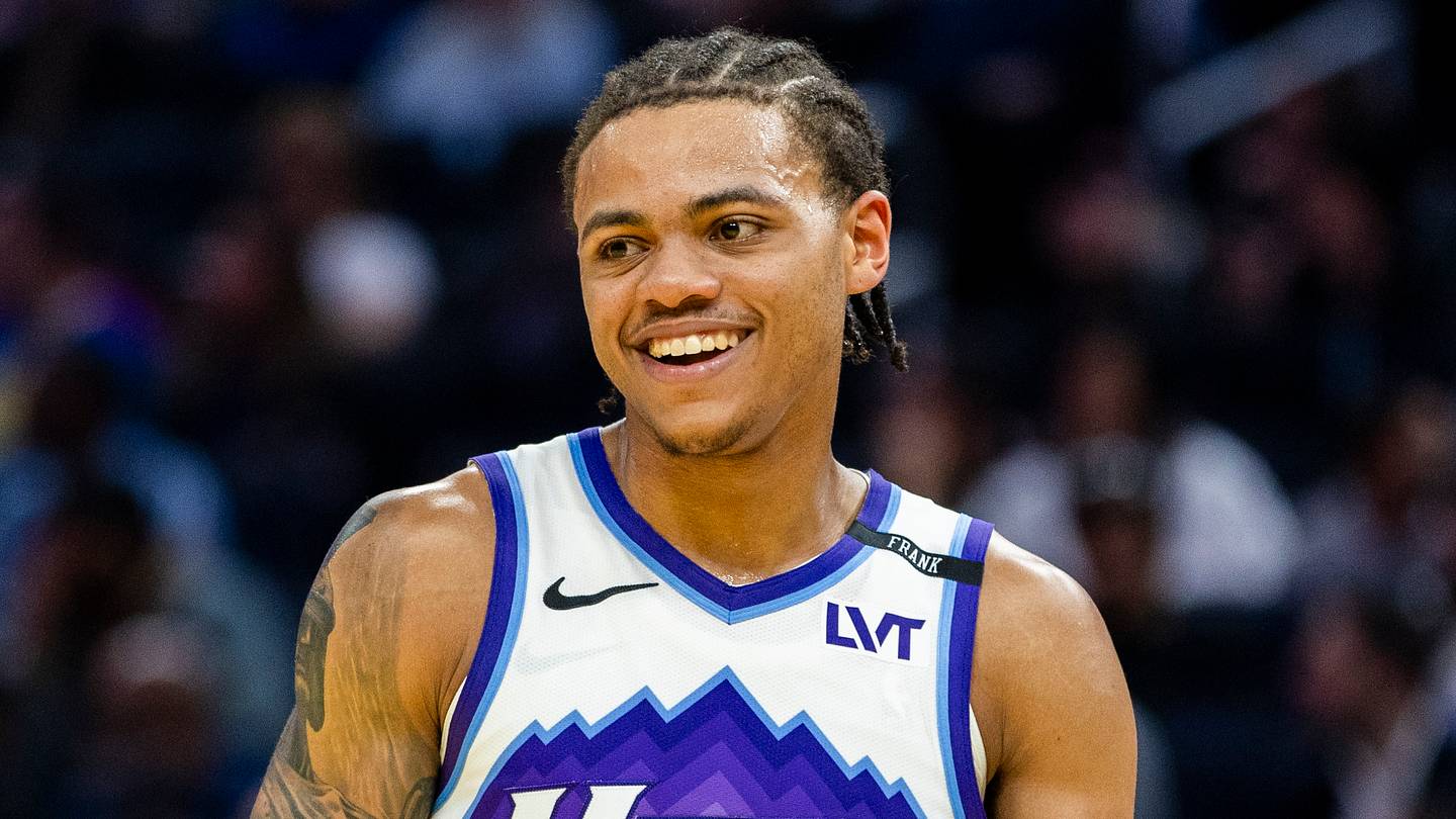 Jan 3, 2026; San Francisco, California, USA;  Utah Jazz guard Keyonte George (3) reacts during the second quarter against the Golden State Warriors at Chase Center. Mandatory Credit: John Hefti-Imagn Images