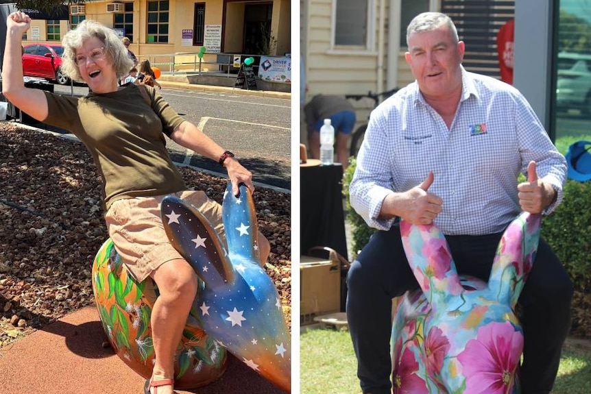 left image showing a woman sitting on cement bilby with arm in the air, right shows man sitting on cement bilby with thumbs up