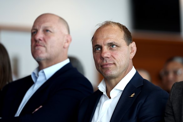 Rugby Australia CEO Phil Waugh with NZ Rugby counterpart Steve Lancaster at the Super Rugby Pacific launch earlier this year.