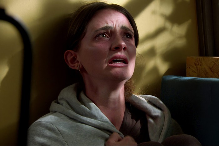 05_10_emm_laurel_gabby_02 Gabby Thomas looks pained in a scene from Emmerdale
