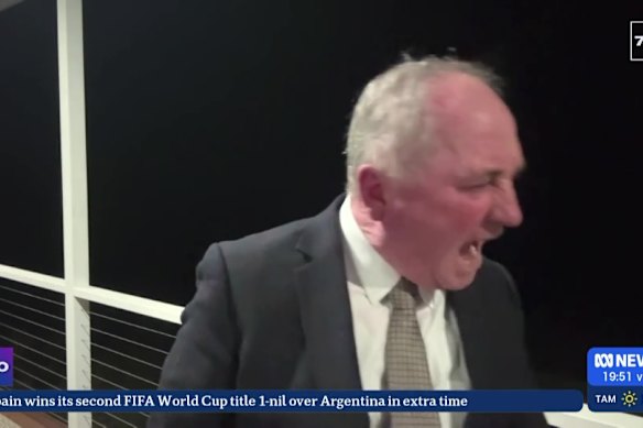 Barnaby Joyce yells at his dog, Stella, during a live interview on the ABC current affairs program 7.30 in July.