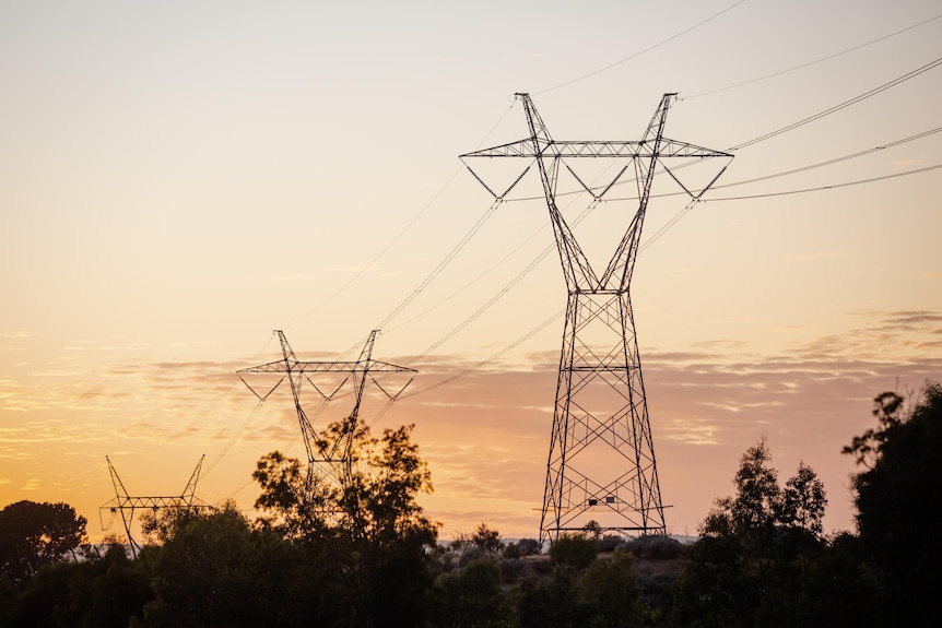 Power lines at sunrise in the Perth suburb of Treeby.