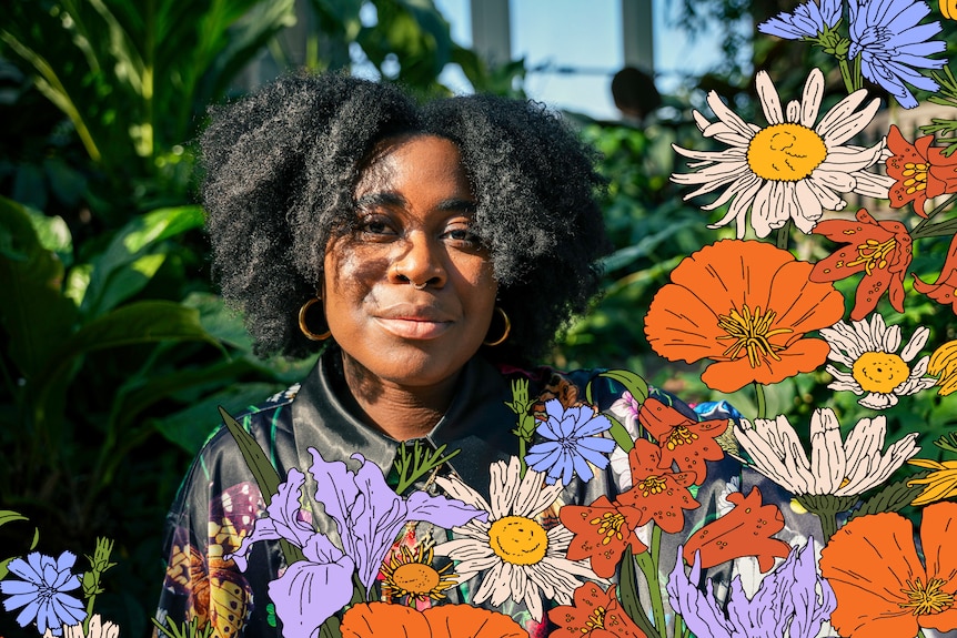 A portrait of Chi Nwosu, a Nigerian American young non-binary person, outside, with a hand-drawn garden of flowers superimposed.