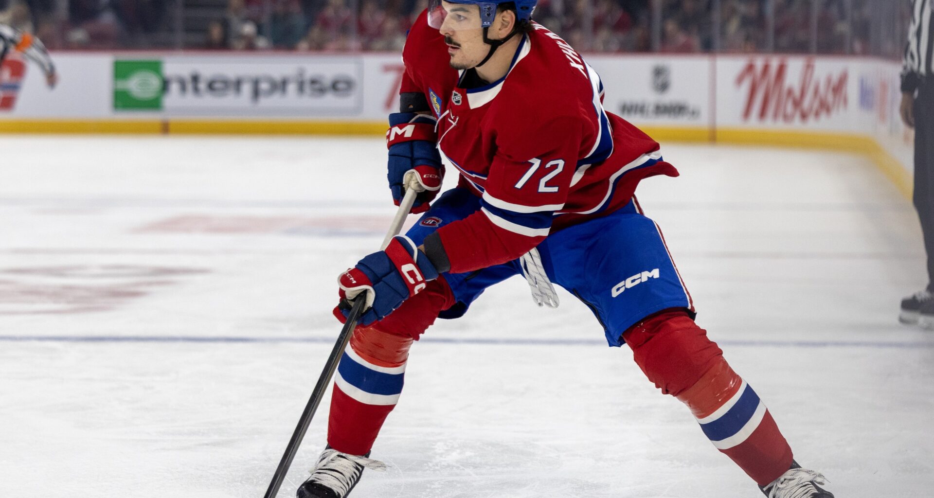 Montreal Canadiens' Arber Xhekaj looks to pass the puck during first period against the Toronto Maple Leafs in Montreal on March 10.