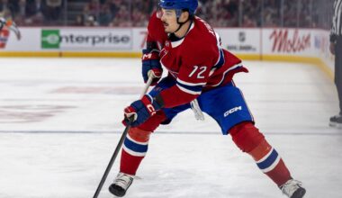 Montreal Canadiens' Arber Xhekaj looks to pass the puck during first period against the Toronto Maple Leafs in Montreal on March 10.