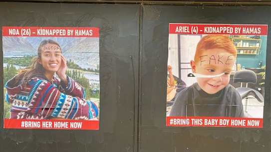 Posters of Israeli civilians abducted by Hamas were defaced in Inkerman Street, St Kilda East.