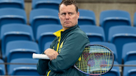 Lleyton Hewitt overseeing Australia’s Davis Cup team at Ken Rosewall Arena.