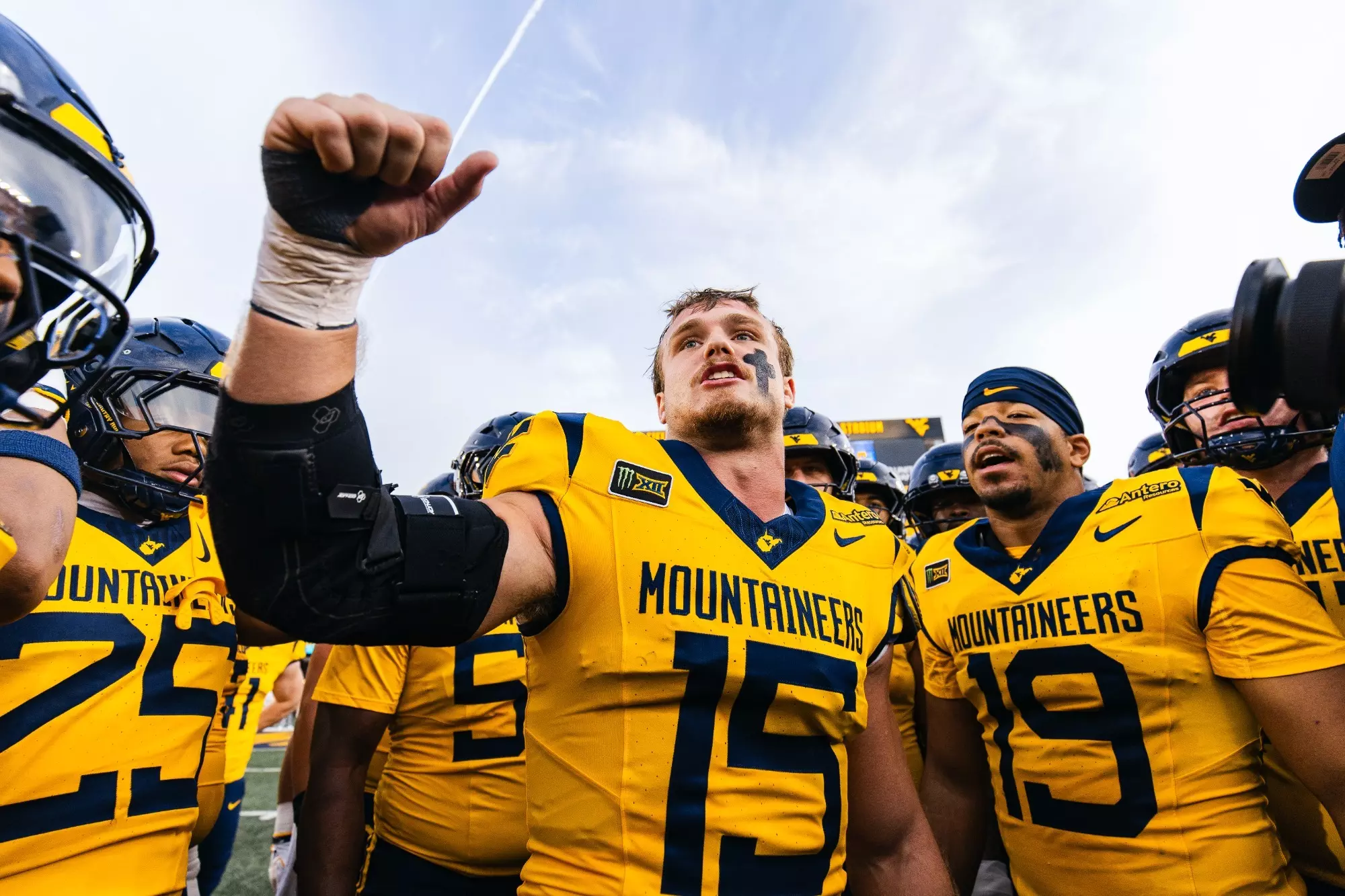 Ben Cutter speaks to the team before West Virginia's game against Oklahoma State on Sept. 26, 2026.