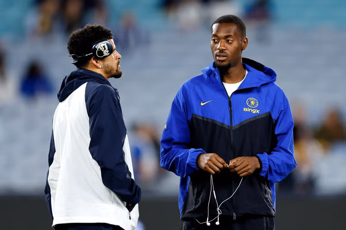 Dominic Solanke of Tottenham Hotspur and Tosin Adarabioyo of Chelsea chat prior to the Sydney Super Cup match between Chelsea FC and Tottenham at Accor Stadium on August 01, 2026 in Sydney, Australia. 