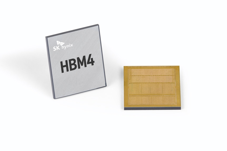 Two SK hynix HBM4 memory components, one upright and one showing its gold contact side.