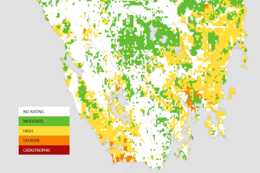 A map of Tasmania with green, yellow and orange dots. The orange dots are on Hobart's eastern shore and the state's far south.