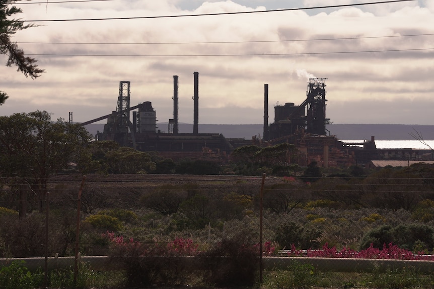 The blast furnace at the Whyalla steelworks emitting smoke during a shutdown.