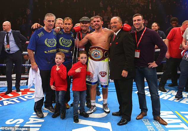 Pictured: Billy Joe Saunders in 2015 celebrating beating Andy Lee during their WBO World Middleweight title fight at the Manchester Arena