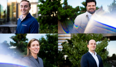 A four-square of four alumni pose for portraits