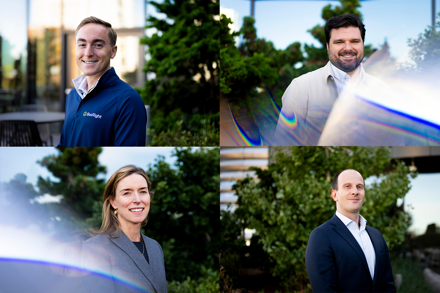 A four-square of four alumni pose for portraits