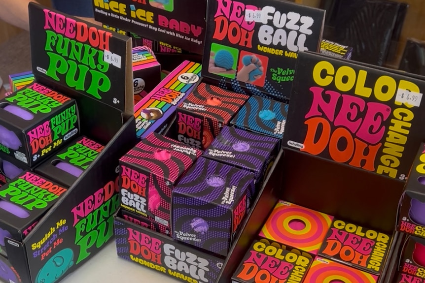 Needoh cubs in boxes on a store shelf.
