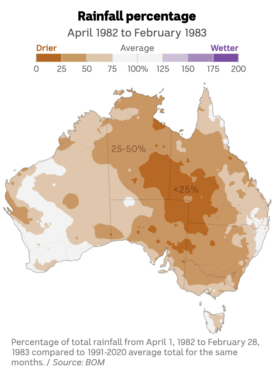 Map of Australia shows from April 1982 to February 1983 most of the country recorded significantly less rainfall than average.