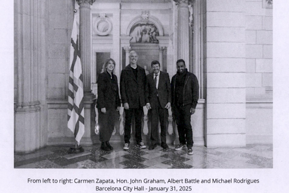 The NSW arts minister (centre-left) and the 24-Hour commissioner (right) in Barcelona. The minister was there on work leave and paid for the trip himself.