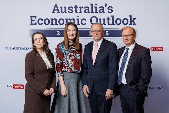 Siobhan McKenna, second from left,  with (from left) Michelle Gunn, editor-in-chief of The Australian, as well as PM Anthony Albanese and Sky News CEO Paul Whittaker.