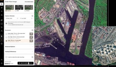 A SkyFi platform screenshot showing optical satellite imagery of a port