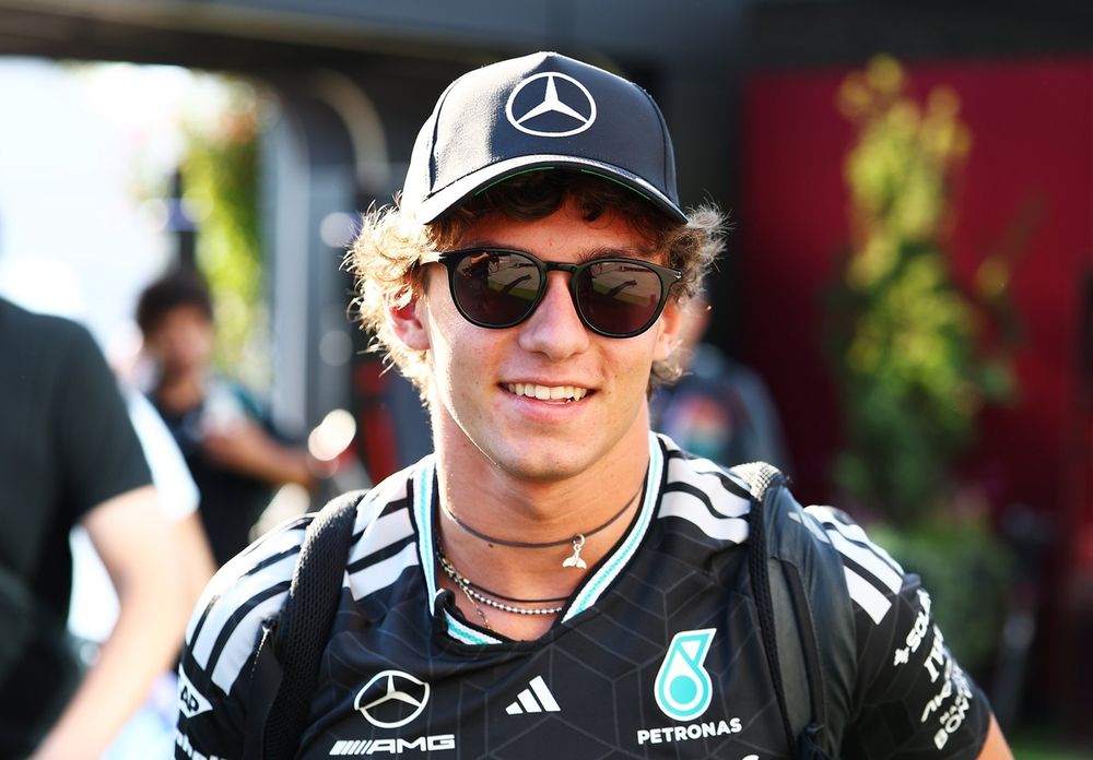 A smiling Antonelli arriving in the Monza paddock 