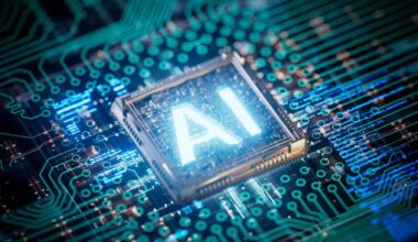 Glowing AI text in the middle of a semiconductor chip.