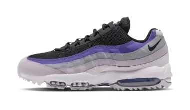 lateral view, black mesh toe with purple stripe, grey and lilac side panels, Nike Air Max 95 Golf "Dark Iris"