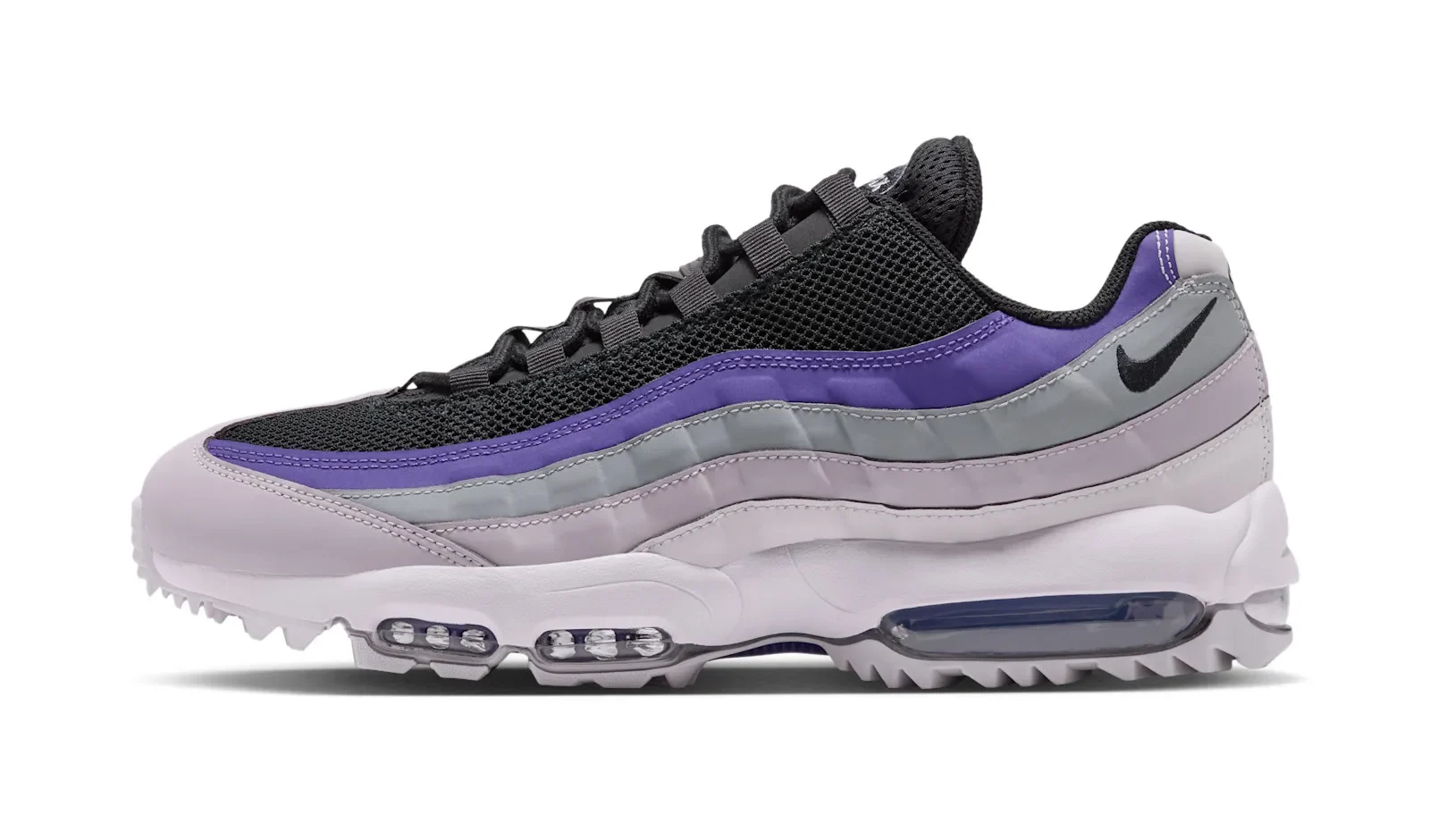lateral view, black mesh toe with purple stripe, grey and lilac side panels, Nike Air Max 95 Golf "Dark Iris"