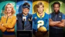 From left to right, four characters from Chad Powers are featured in a four-panel grid: Tricia Yeager (Wynn Everett) stands with crossed arms in a yellow blazer, Coach Jake Hudson (Steve Zahn) speaks fiercely behind a microphone, Chad Powers (Glen Powell) looks intensely forward while holding a blonde prosthetic head, and Coach Byrd (Quentin Plair) poses confidently with his arms folded against a green background