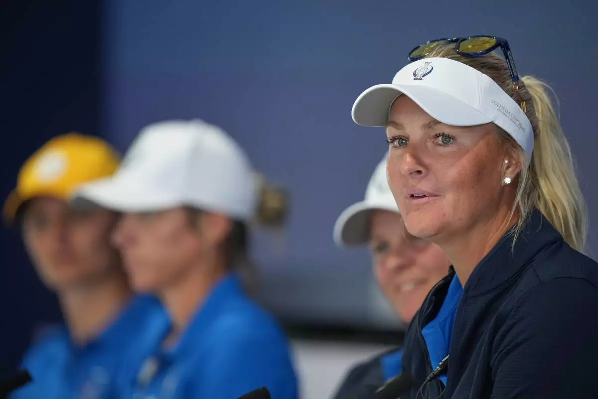 Anna Nordqvist, Europe team captain, speaks during a press conference for the Solheim Cup at the Bernardus Golf course in Vught, Netherlands, Tuesday, Sept. 8, 2026. (AP Photo/Alastair Grant)