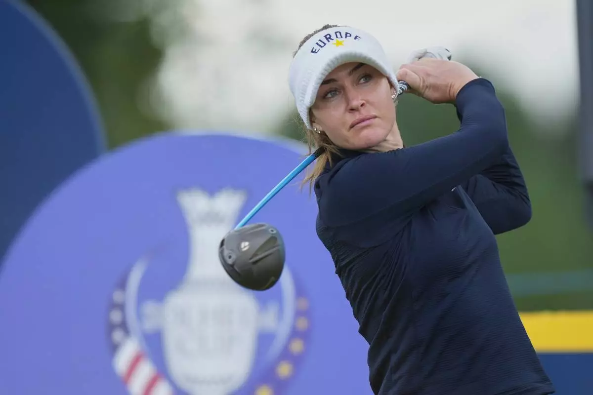 Charley Hull of Europe plays off the 14th hole during a practice round for the Solheim Cup at the Bernardus Golf course in Vught, Netherlands, Wednesday, Sept. 9, 2026. (AP Photo/Alastair Grant)